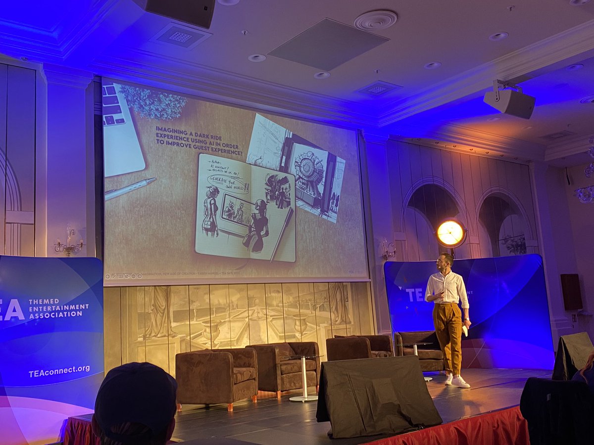 Blooloop's tweet photo. “Do we have to choose a side on AI?” Fabian Manuel from @CieDesAlpes on the use of #ai in creation @TEA_Connect #TEASATE https://t.co/QdbkSzELqP