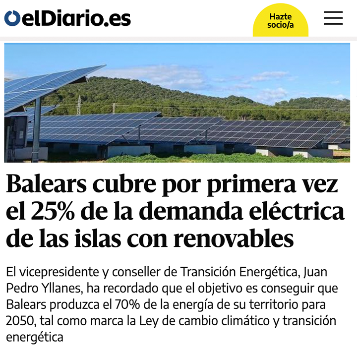 Sento certa enveja quan veig notícies com aquesta. En només 4 mesos, les Balears ja han assolit el seu objectiu de producció d'energia renovable de 2023. Mentrestant, aquí continuem a la cua.

Enhorabona, <a href="/jpyllanes/">Juan Pedro Yllanes</a>. Per als catalans i les catalanes, sou tot un exemple.