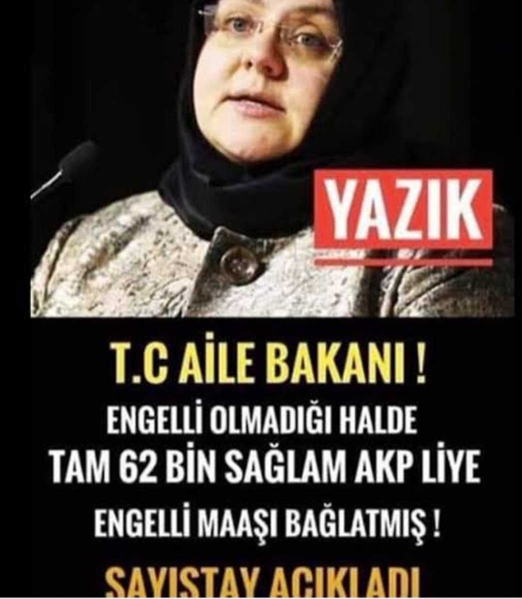 LÜTFEN  HATIRLAYIN !!

2018 ve 2019 yıllarında Sayıştay'ın da tespit ettiği üzere Aile ve Sosyal Hizmetler Bakanlığı engelli olmayan tam 442 bin 309 kişiye toplam 6.9 milyar lira usulsüz ödemede bulundu. 2020 yılında da usulsüz ödemelere devam edildi. Kamu zararı son 3 yılda