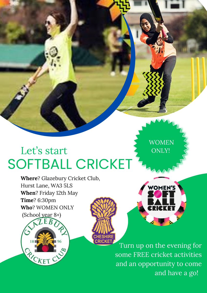 Come on down to our Women’s softball cricket taster session On Friday 12th - all welcome to come and give it a go! #culcheth #glazebury #cheshirecricket