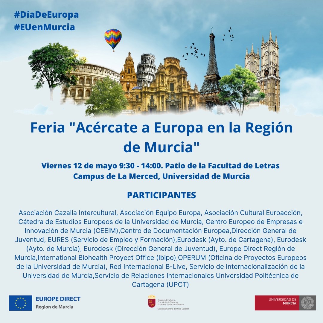 📢El viernes 12 de mayo de 9:30 a 14:00 en la @fderechomur se celebrará la Feria Acércate a Europa en la Región de Murcia para promover información sobre los proyectos que se llevan a cabo en nuestra Región sobre la Unión Europea.