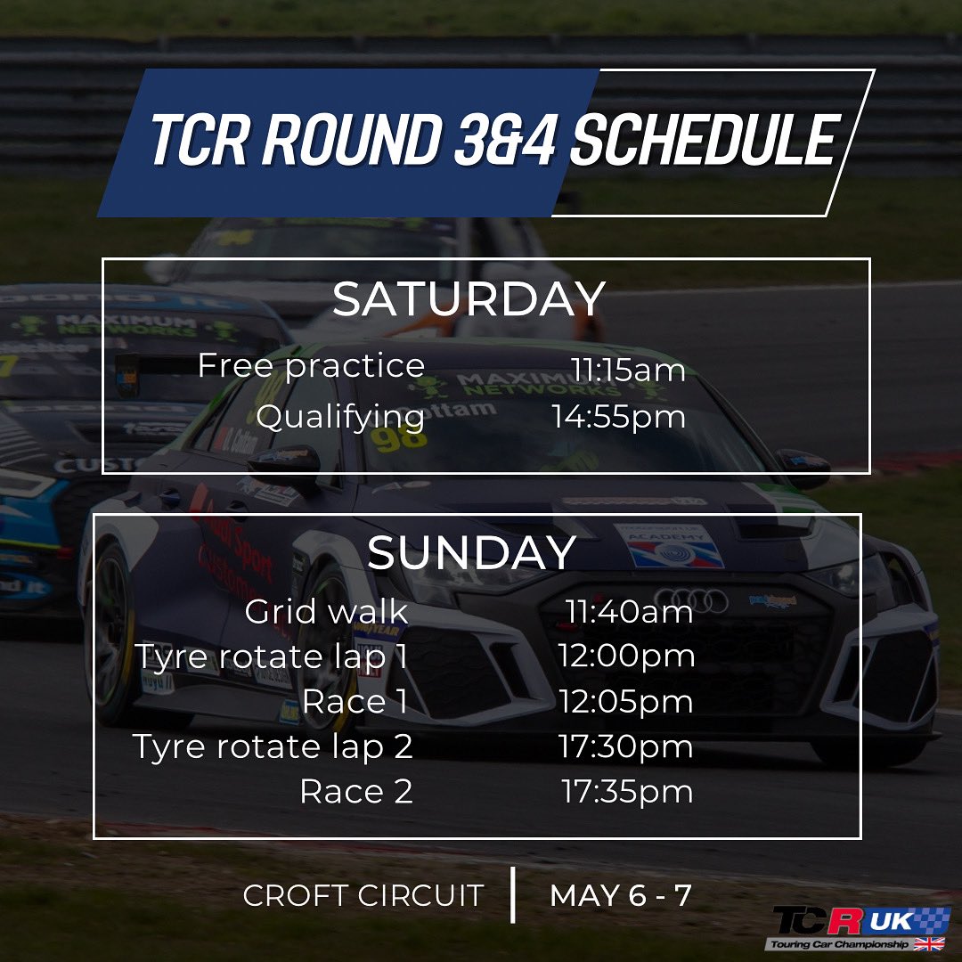 Oliver_cottam's tweet photo. Here’s this weekends schedule for TCR UK Rounds 3&amp;4 at Croft Circuit 🙌🏻

@TCRUK_series || #tcr #tcruk #motorsport https://t.co/S0zPJAxMFK