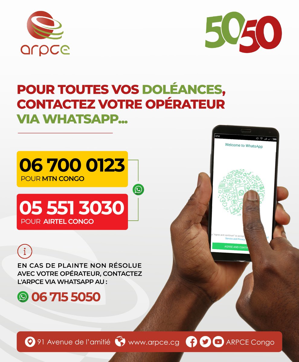 Il est dorénavant possible de contacter vos opérateurs MTN et Airtel  via  WhatsApp. 
#TéléphonieMobile
#ARPCECongo