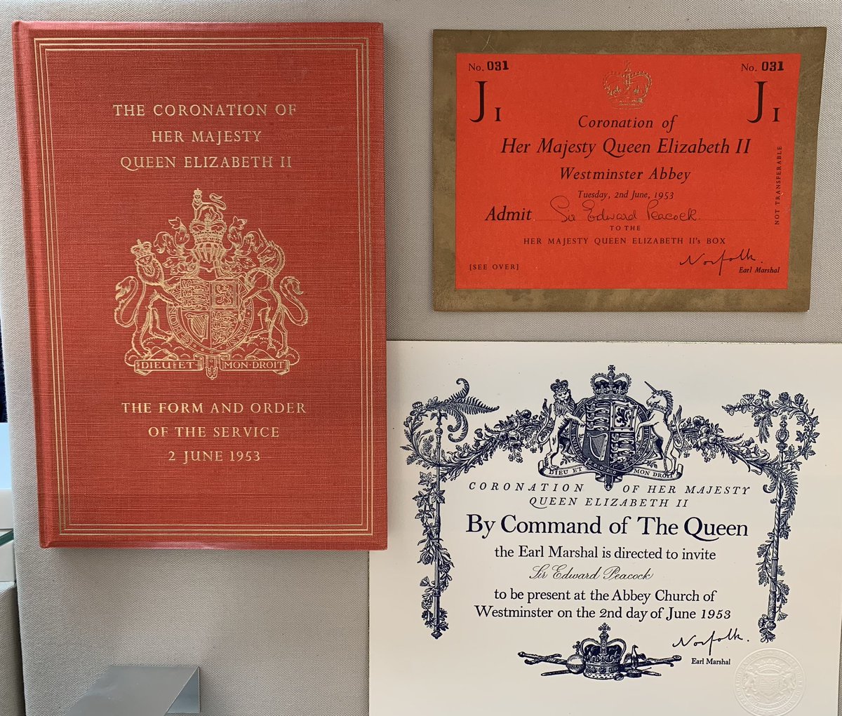 BaringArchive's tweet photo. Some coronation related items from the #BaringArchive. Sir Edward Peacock, a senior partner at Barings, was invited to the coronation of Queen Elizabeth II on 2 June 1953. This is his invitation and order of service. https://t.co/oftrC1k4KJ
