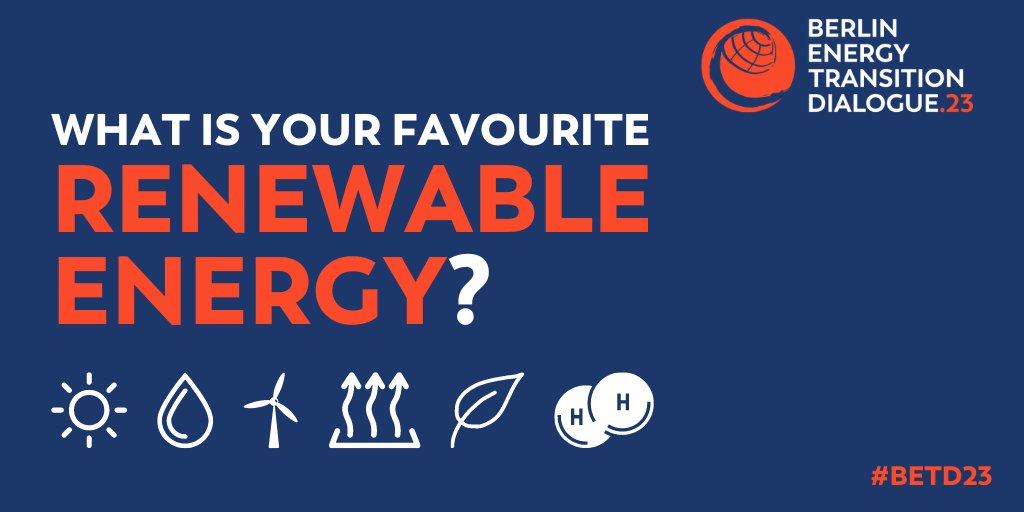 Berlin Energy Transition Dialogue (@greensofa_betd) on Twitter photo Let's find out : What is your favourite #renewableenergy source?
Part One
☀️ #solarpower
💧 #hydropower
🌬️ #windenergy
🌱 #bioenergy
Part Two
🌏 #geothermal energy
🌊 #waveenergy
⚗ #greenhydrogen
#betd23 #Energiewende #energytransistion #greenfuture #renewables #energy Let's find out : What is your favourite #renewableenergy source?
Part One
☀️ #solarpower
💧 #hydropower
🌬️ #windenergy
🌱 #bioenergy
Part Two
🌏 #geothermal energy
🌊 #waveenergy
⚗ #greenhydrogen
#betd23 #Energiewende #energytransistion #greenfuture #renewables #energy