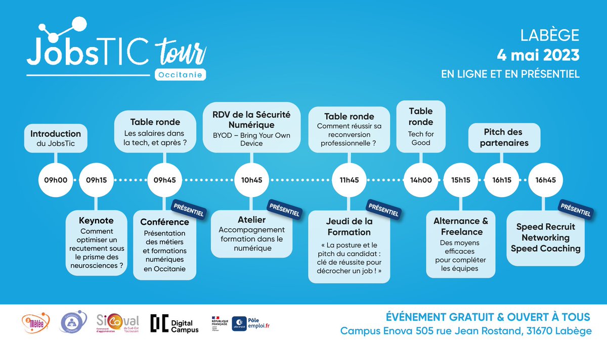 La_Melee's tweet image. JobsTIC tour 2023 #labege 🔵

Nous vous donnons rendez-vous pour développer votre réseau professionnel dans le domaine du numérique avec un moment networking, speed recruit et speed coaching en fin de journée ! 

Rejoignez nous sur le live ➡️ bit.ly/424dA9u