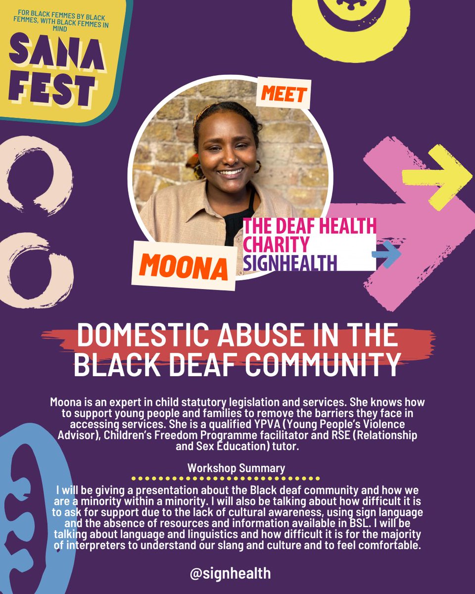 Meet Moona from @SignHealth who will be holding a workshop on the difficulties the Black deaf community face in asking for support because of the lack of cultural awareness, using sign language and the absence of resources and information available in BSL and more!