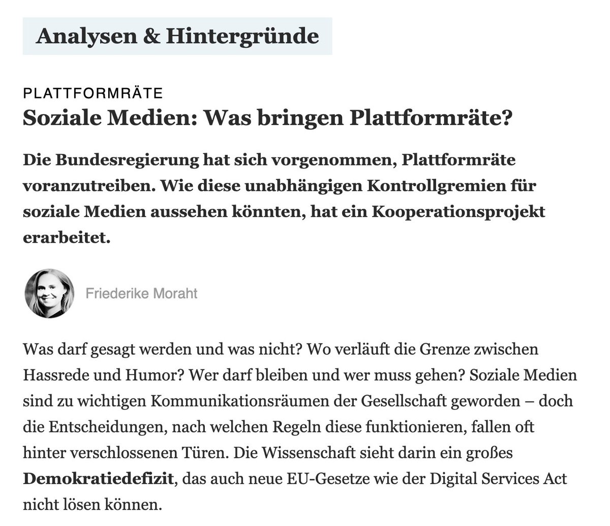 Matthias C.Kettemann (@mckettemann) on Twitter photo Heute berichtet auch Friederike Moraht vom <a href="/TspBackgroundDi/">Tagesspiegel Background Digitalisierung & KI</a> (€) über unser Projekt zu Plattformbeiräten: background.tagesspiegel.de/digitalisierun… Heute berichtet auch Friederike Moraht vom <a href="/TspBackgroundDi/">Tagesspiegel Background Digitalisierung & KI</a> (€) über unser Projekt zu Plattformbeiräten: background.tagesspiegel.de/digitalisierun…