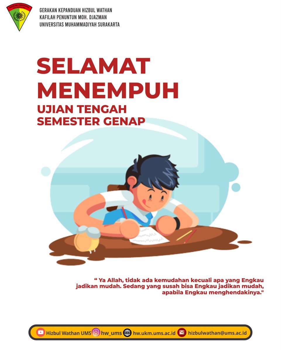 SELAMAT MENEMPUH UJIAN TENGAH SEMESTER GENAP

Bertepatan dengan hari pendidikan nasional, hari ini, 2 Mei 2023 juga dimulainya Ujian Tengah Semester Genap untuk Civitas Akademika Universitas Muhammadiyah Surakarta.   Selamat mengerjakan, InsyaAllah Dimudahkan.