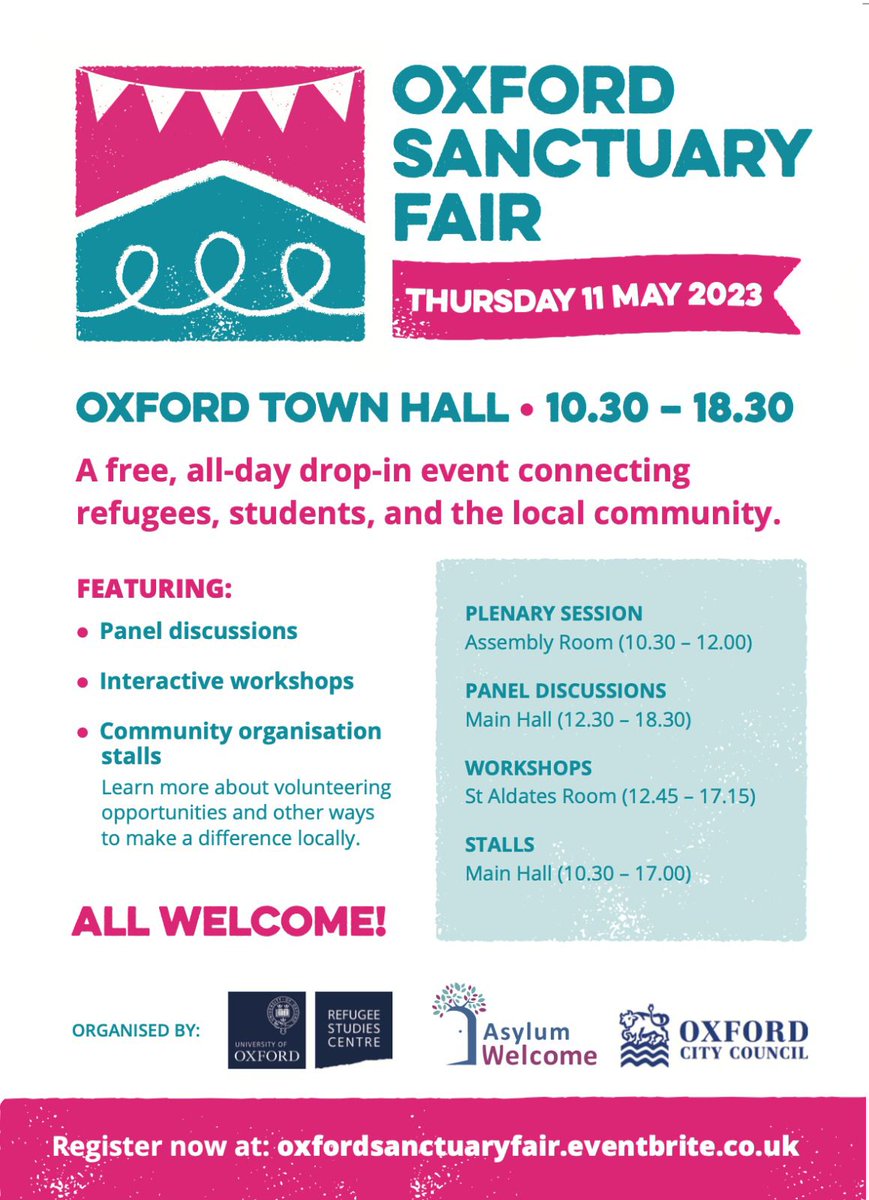 Organised by @AsylumWelcome and @refugeestudies , the Oxford Sanctuary Fair (11 May, Oxford Town Hall @OxfordCity) is open to everyone and provides an opportunity to learn more about #refugee issues and how we can all make a difference.