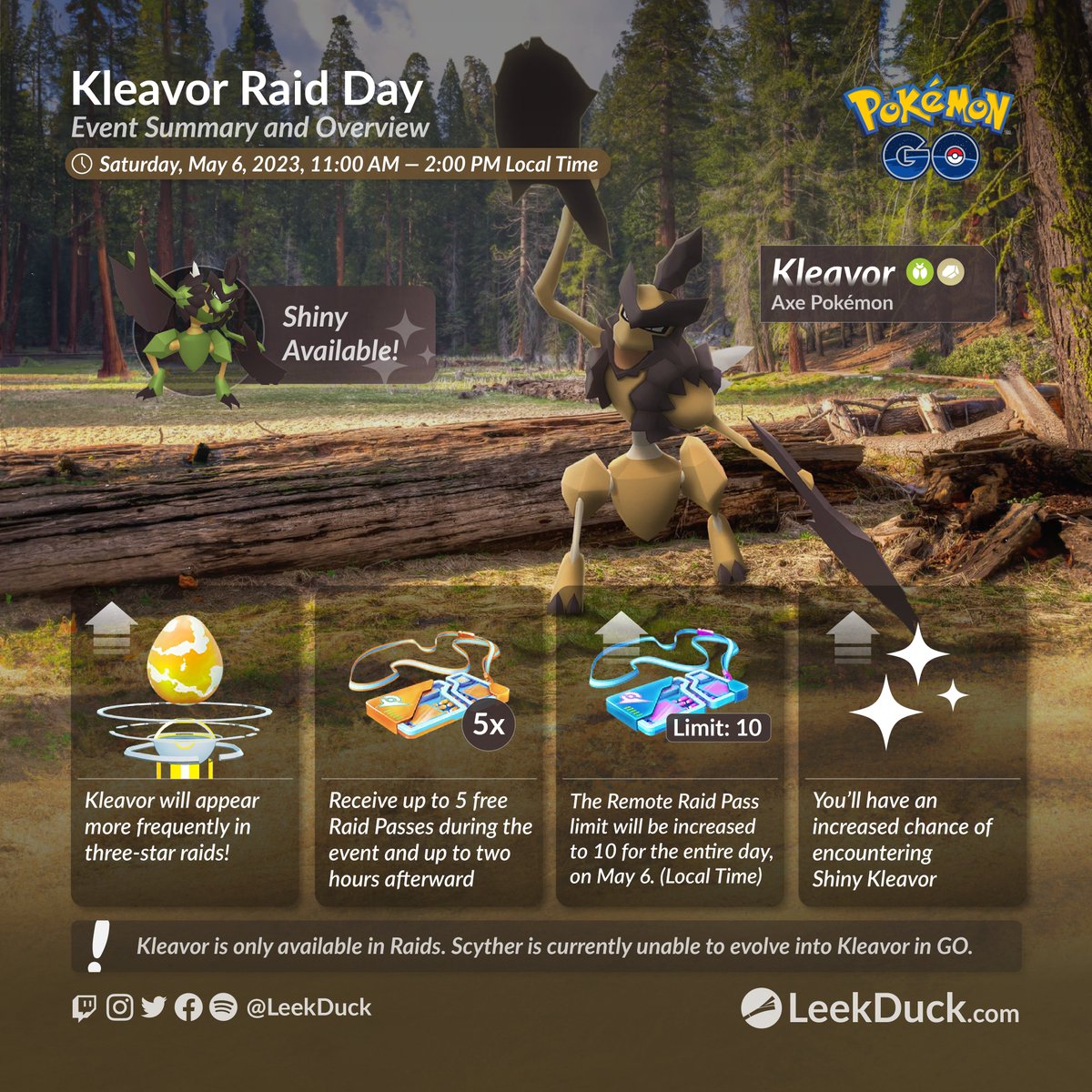 LeekDuck's tweet photo. Kleavor Raid Day - Event Overview 

Full Details: https://t.co/KAekVcBmk1 https://t.co/S5lwzF0qPO