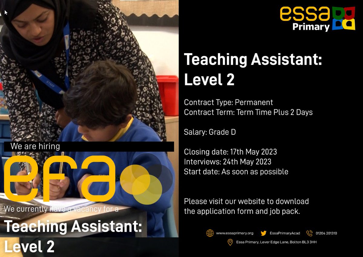 EFATrust's tweet image. We are recruiting Teaching Assistants to join us at Essa Primary. For more information and to apply, visit our website ow.ly/4rt250Ofvai