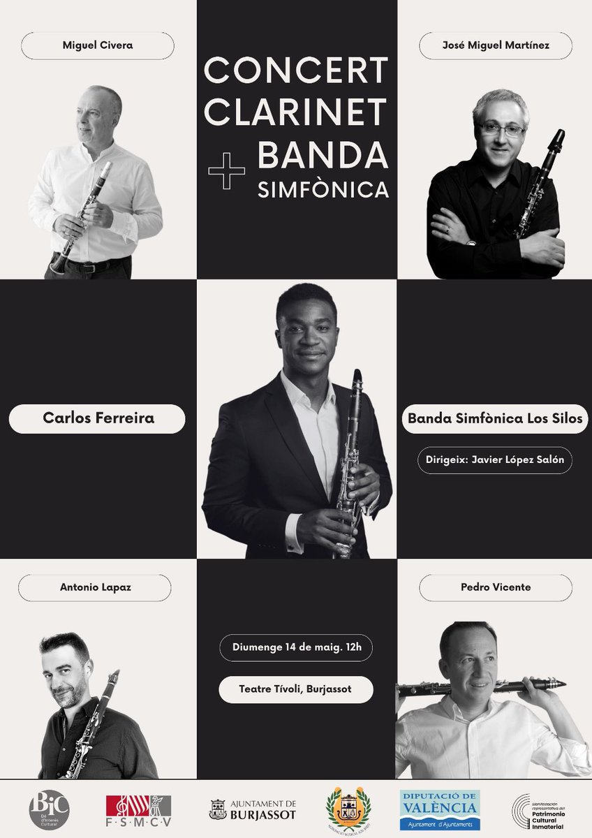 Tenemos CONCIERTAZO a la vista‼️

Clarinetistas 🔝 y nuestra Banda Sinfónica dirigida por <a href="/Xaviclarinet/">Javier López</a> 

⭐️ Carlos Ferreira, Miguel Civera, José Miguel Martínez, Pedro Vicente Alama y Antonio Lapaz en el Teatro Tívoli el 14 de mayo 🤩

#AMLS #Burjassot #concierto #clarinete
