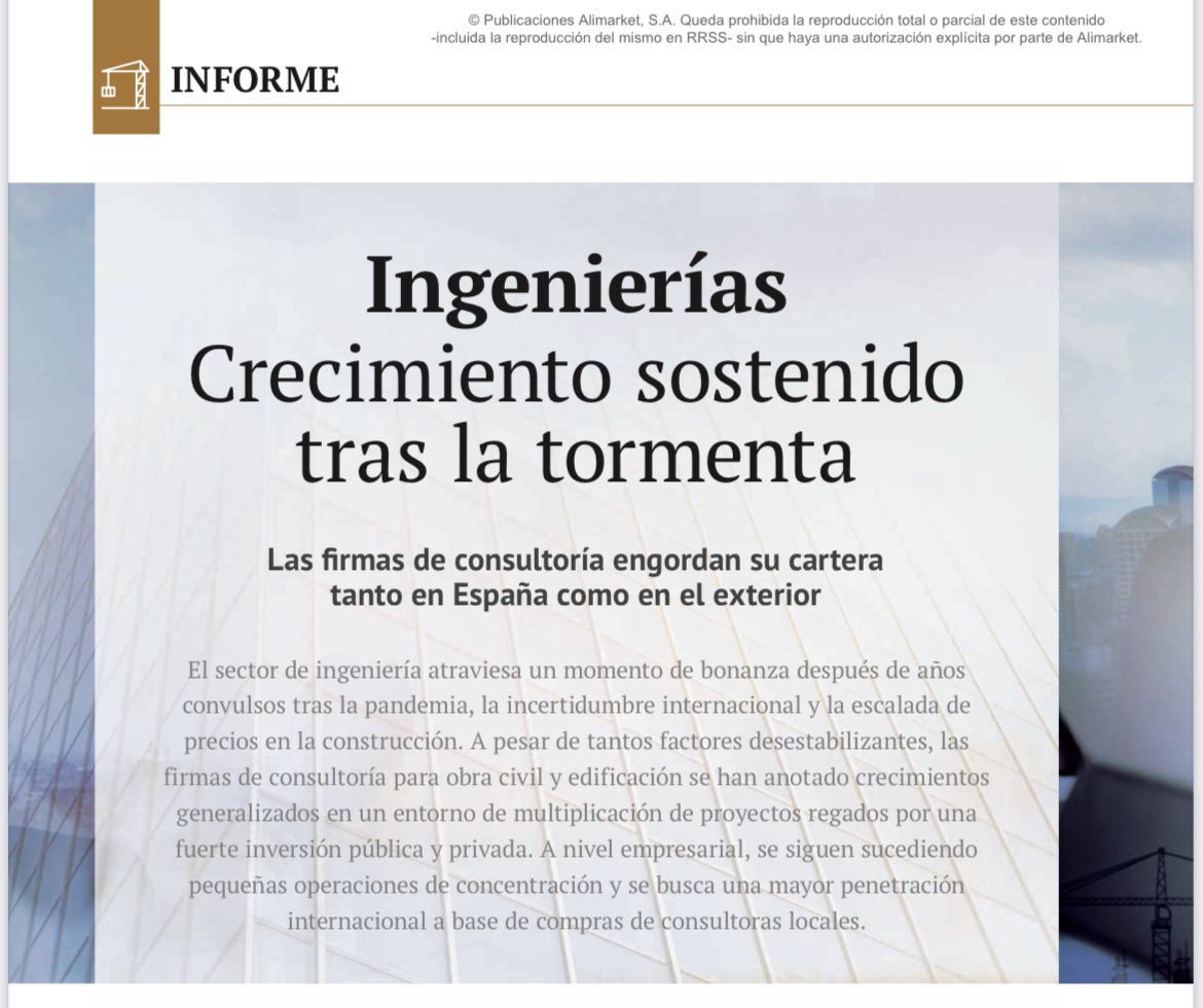 mgmoles's tweet photo. #INFORMEANUAL #INGENIERIAS
Un año más, @UG21Consultores presente entre las 50 ingenierias de España del informe @Alimarket.
Ascendemos 3 puestos situándonos en el #top44 con una facturación de 8,12 M€ y una cartera de pedidos por encima de los 20M€, con un 80% internacional https://t.co/Zjjyd4nYBt