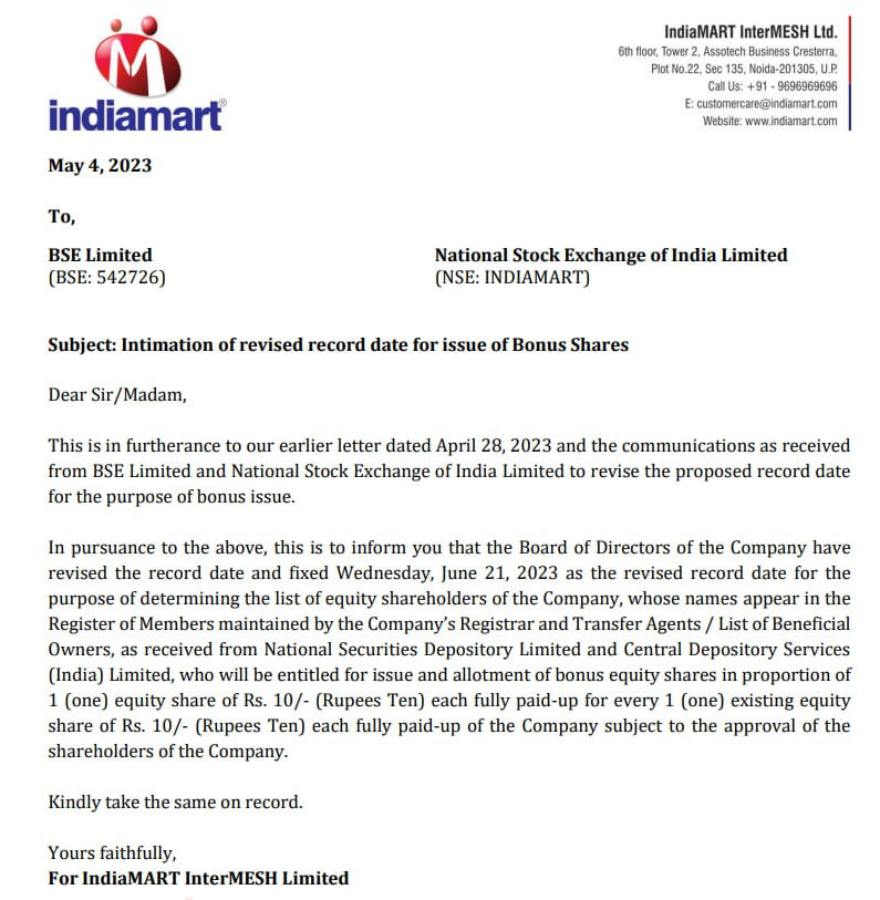 MarketVedantA's tweet image. IndiaMART InterMESH revised the record date and fixed Wednesday, June 21, 2023  for the purpose of bonus issue.

#IndiaMART_InterMESH #revised #recorddate #purpose #bonusissue