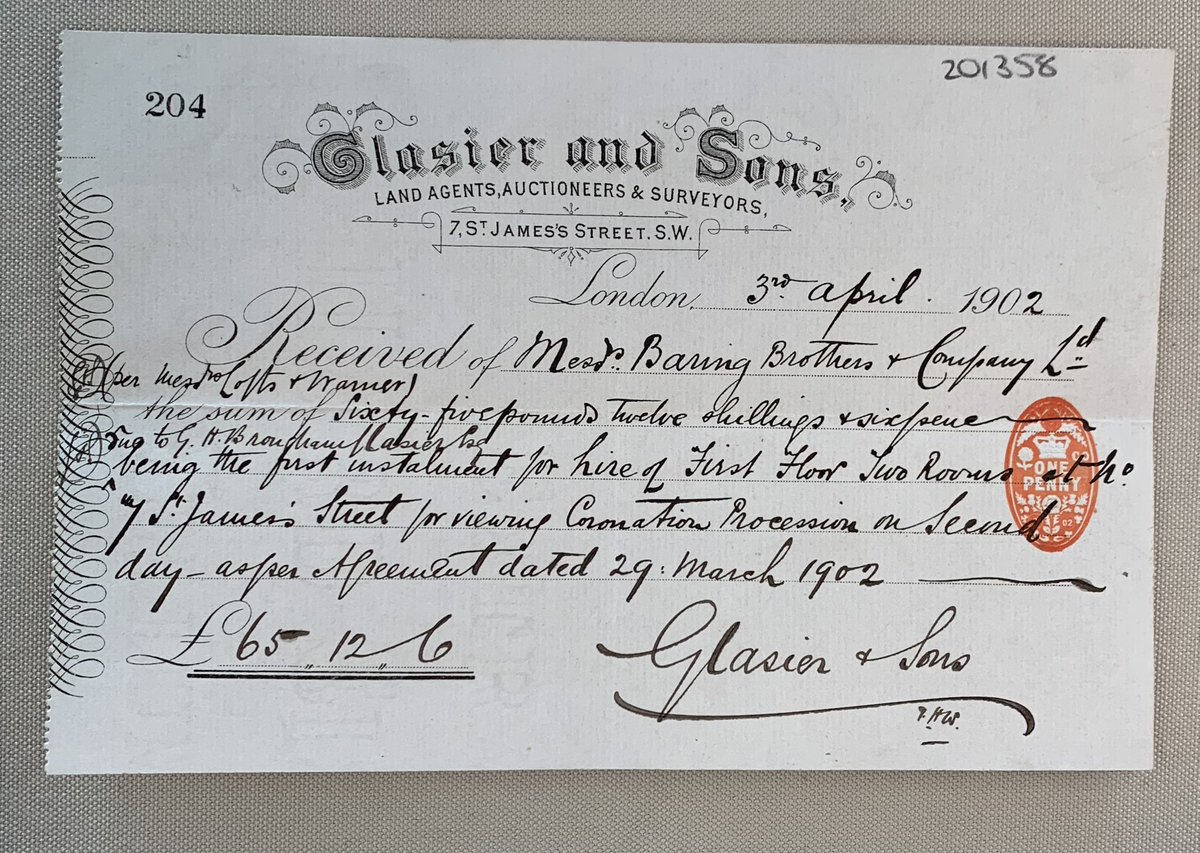 BaringArchive's tweet photo. Final item! Barings hired two rooms in St James’ Street to watch the coronation procession of King Edward VII on 9 August 1902. This is the receipt and contract. https://t.co/nTIlVpTmDH