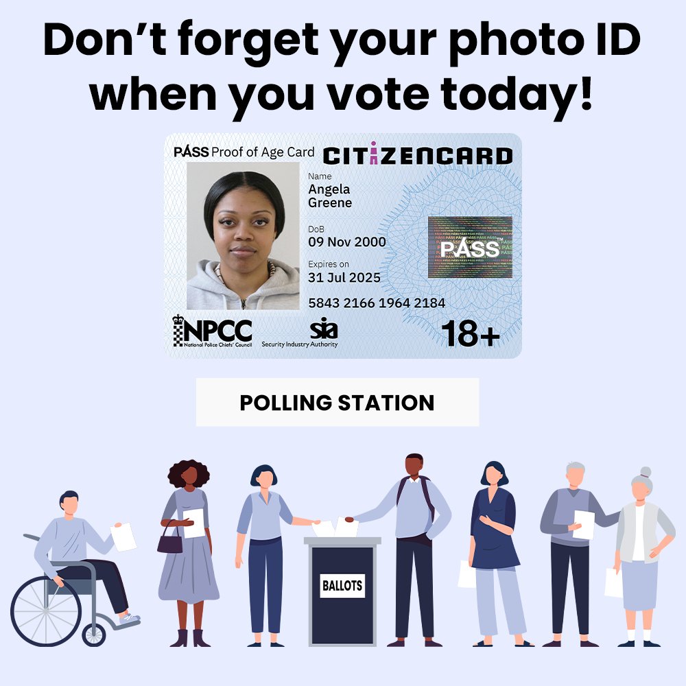CitizenCard's tweet photo. Don't miss out on your chance to vote in the local elections today, make sure you bring your photo ID! If you have a CitizenCard, you can use that as voter ID, polling stations close at 10PM today, get your votes in!
#voterid #localelections #YourVoteMatters #TurnUpToVote #vote https://t.co/1mYEDfgj5R