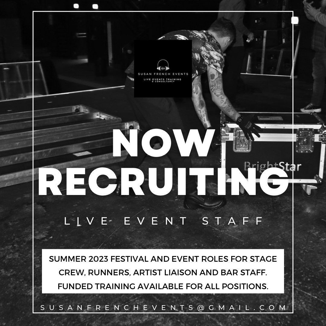 Susan French Events (@sfrenchevents) on Twitter photo πNOW RECRUITING | FESTIVAL AND GIG STAFF SUMMER 2023 π
We need stage crew, runners, artist liaison and bar staff. Full training is available for all roles.
Contact susanfrenchevents@gmail.com for more info.
#jobsnewcastle #festivaljobs #musicindustryjobs #recruitingnow πNOW RECRUITING | FESTIVAL AND GIG STAFF SUMMER 2023 π
We need stage crew, runners, artist liaison and bar staff. Full training is available for all roles.
Contact susanfrenchevents@gmail.com for more info.
#jobsnewcastle #festivaljobs #musicindustryjobs #recruitingnow