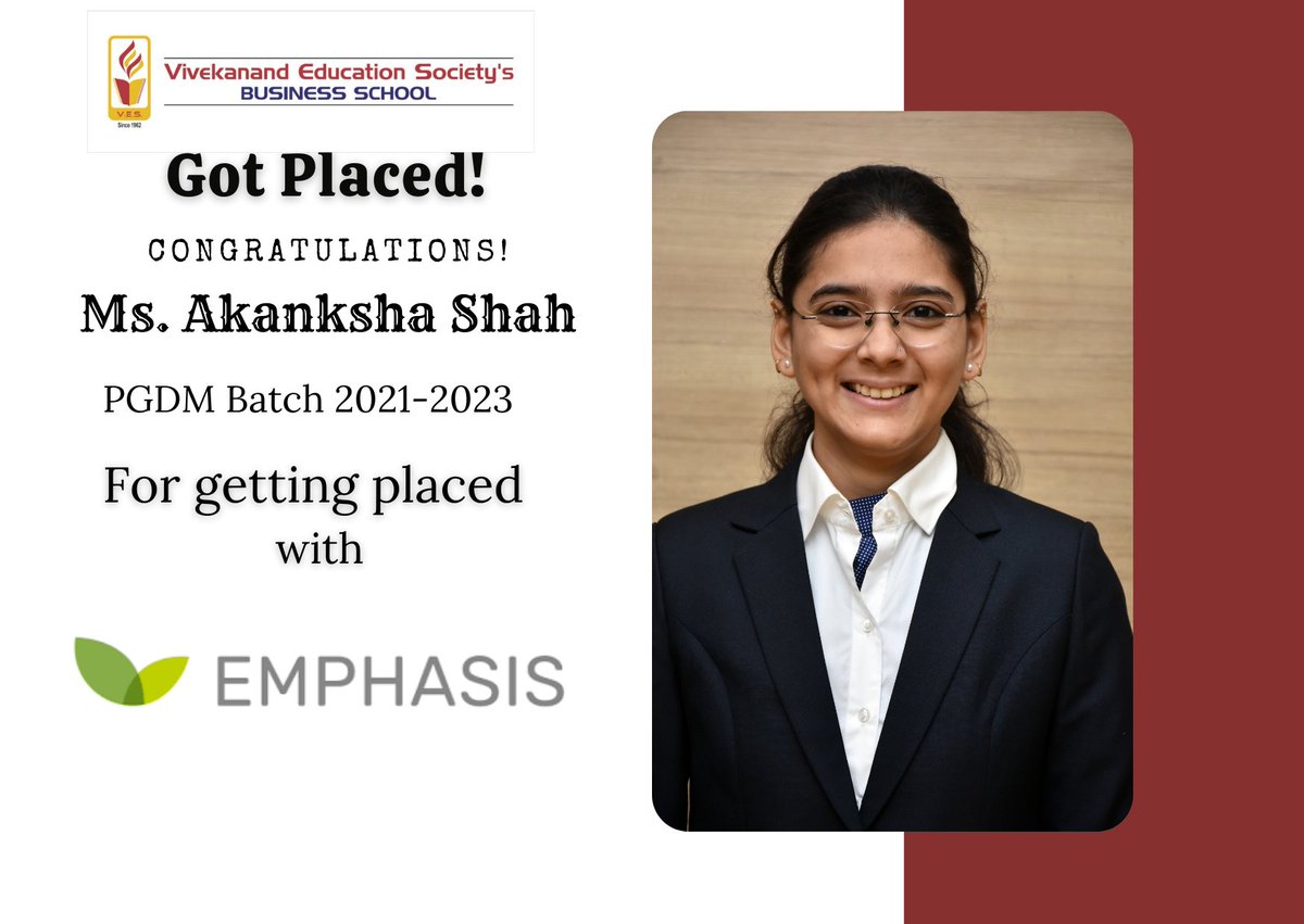 vbs_mumbai's tweet image. Success Story!!
 
VBS enthusiastically congratulates Ms. Akanksha Shah (Batch 2021-23) for his placement with 'EMPHASIS' Best Wishes for a Happy &amp;amp; Successful future.
 #VBS #vbsplacements #PGDMplacements #placements2023 #MBA #MBAplacements #vivekanandcollege #vbspgdm #MBAcollege