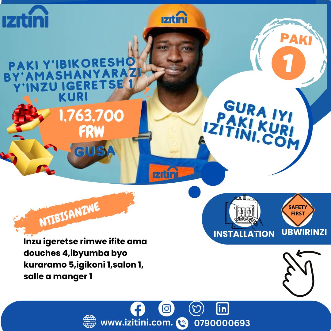 Izitini_com's tweet photo. 🚨PROMOSIYO😃! Kuri G+1 House IPAKI 1.
Ubu ushobora gutumiza amapaki atandukanye y'ibikoresho by'amashanyarazi  by'inzu igeretse rimwe by'umwimerere🥇 ku giciro KIDASANZWE. Sura urubuga rwacu https://t.co/63rkI5npzT 
HAMAGARA 0790000693

#Rwot #electricity #Kigali #Construction https://t.co/A4YnlLz7Us