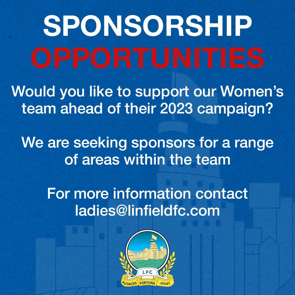 LinfieldFCWomen's tweet photo. 𝚆𝙴 𝙽𝙴𝙴𝙳 𝚈𝙾𝚄 🫵

Fancy sponsoring Linfield FC Women this season? Email ladies@linfieldfc.com to find out more on how you can help support the team with packages starting at £50 🔵💪

#COYB #AFJ https://t.co/TH1ZObyubf