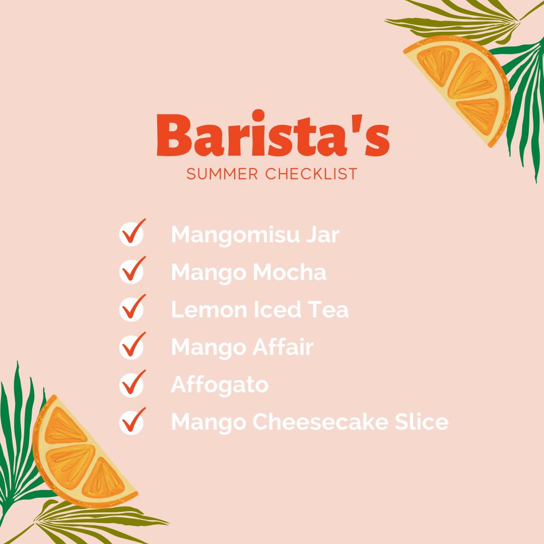 BaristaBrews's tweet photo. #Summer just got a whole lot better with our fresh and flavourful menu! From a chilled Mango Mocha to a creamy #Mango Cheesecake slice, we have everything you need to savour the season and beat the heat. ☀️ 

#SummerMenu #BaristaCoffeeCompany https://t.co/7E582RAiPF