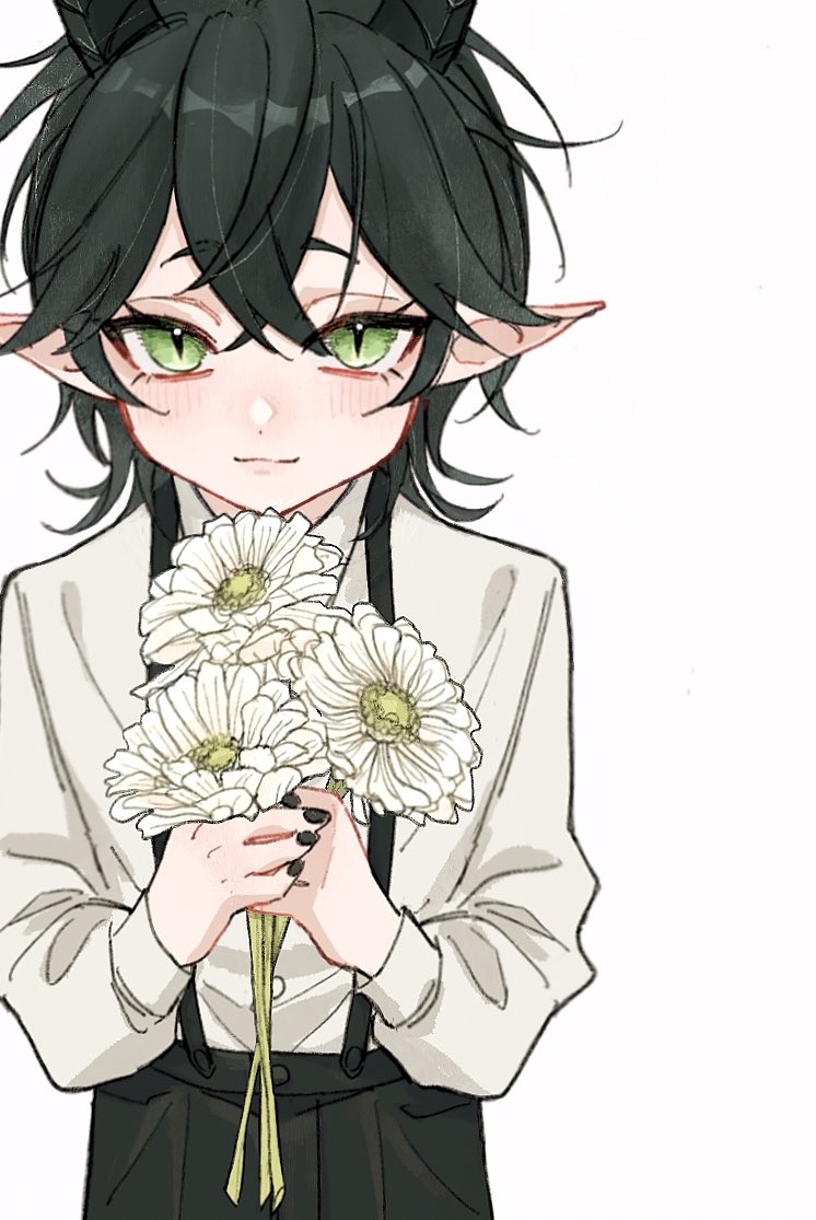 male focus pointy ears 1boy flower green eyes solo black hair  illustration images