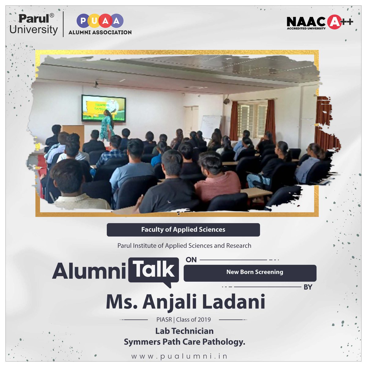 ParulAlumni's tweet photo. PU Alumni Association, in association with PIASR, recently held an alumn talk featuring Ms. Anjali Ladani on "New Born Screening."
The students found the session very helpful for their career development & enhancement.
#AlumniTalk
#PIASR
#PUAlumniAssociation
#ParulUniversity https://t.co/t95iKdcRRh