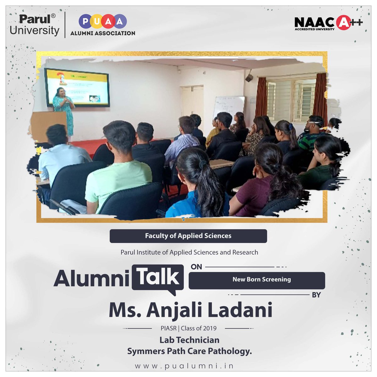 ParulAlumni's tweet photo. PU Alumni Association, in association with PIASR, recently held an alumn talk featuring Ms. Anjali Ladani on "New Born Screening."
The students found the session very helpful for their career development & enhancement.
#AlumniTalk
#PIASR
#PUAlumniAssociation
#ParulUniversity https://t.co/t95iKdcRRh