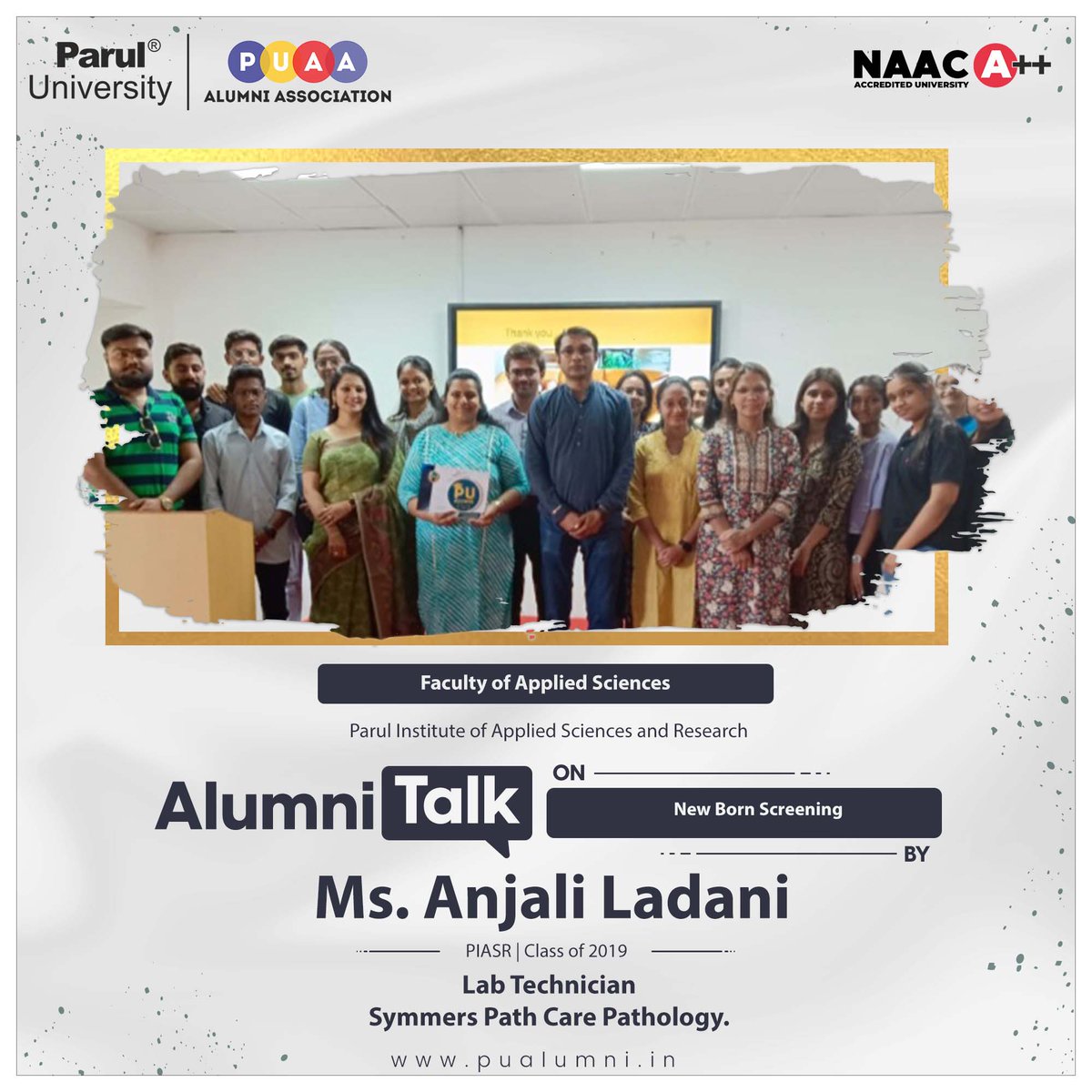 ParulAlumni's tweet photo. PU Alumni Association, in association with PIASR, recently held an alumn talk featuring Ms. Anjali Ladani on "New Born Screening."
The students found the session very helpful for their career development & enhancement.
#AlumniTalk
#PIASR
#PUAlumniAssociation
#ParulUniversity https://t.co/t95iKdcRRh