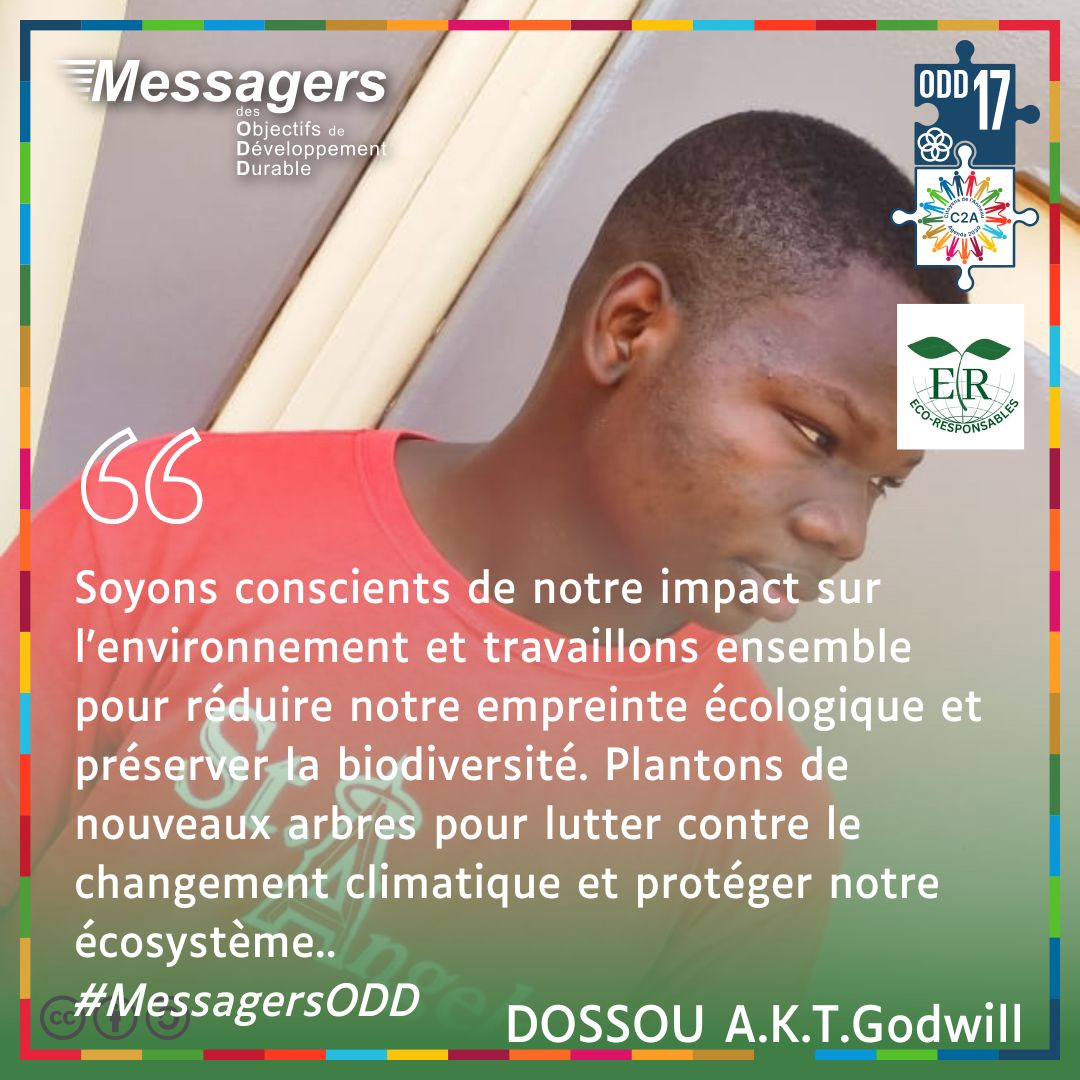 Le message de <a href="/GodwillDossou/">DOSSOU Godwill</a> est un appel à l'action.  
Soyons conscients de l'importance de la #biodiversité pour le #DeveloppementDurable et agissons dès maintenant pour sa préservation. 
<a href="/AYO_OFFICIEL/">African Youth Organization</a>
<a href="/Citoyens2Anneau/">Citoyens de l’Anneau #ODD - @c2a@piaille.fr</a> <a href="/gouvbenin/">Gouvernement du Bénin 🇧🇯</a> <a href="/GreenpeaceAfrik/">Greenpeace Afrique</a> <a href="/npuclubs/">NPU Club Bénin - F4F</a> <a href="/PNUDBenin/">PNUD Bénin</a> <a href="/oddtvlive/">ODD TV</a>