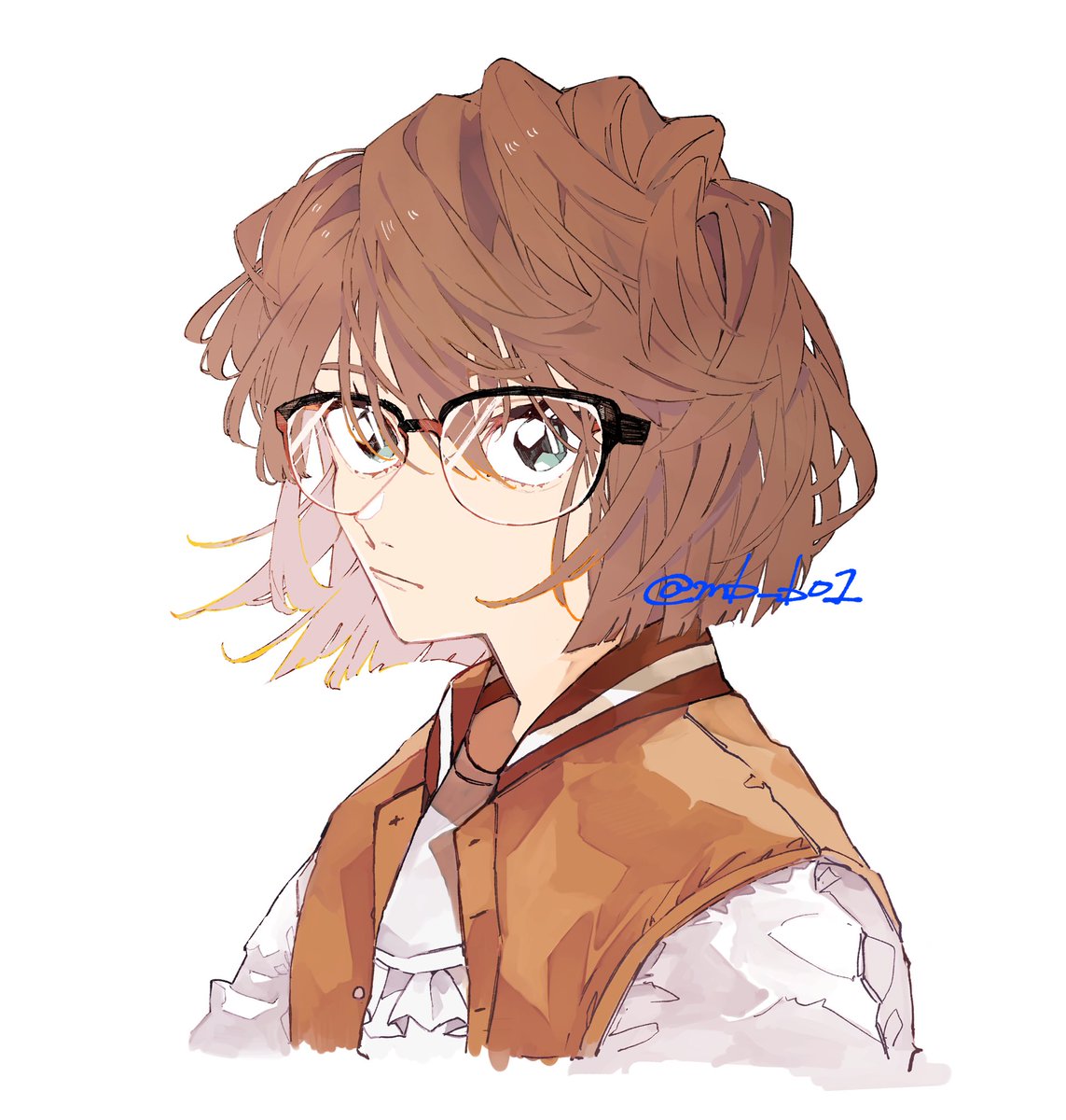1girl solo glasses brown hair white background short hair looking at viewer  illustration images