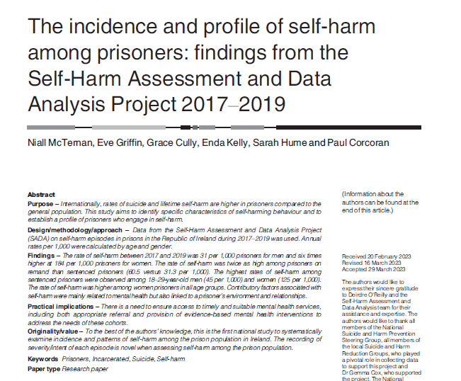 New publication!

Niall McTernan, @evegrif, @gracecully & Paul Corcoran are co-authors on a paper in the International Journal of Prisoner Health!

We are delighted to collaborate on the #SADAProject with @IrishPrisons & @NOSPIreland  

tinyurl.com/yck4w8wz

#ConnectingforLife