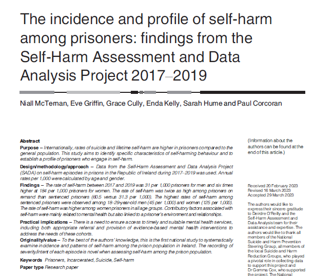 NSRFIreland's tweet photo. New publication!
Niall McTernan, @evegrif, @gracecully & Paul Corcoran are co-authors on a paper in the International Journal of Prisoner Health!
We are delighted to collaborate on the #SADAProject with @IrishPrisons & @NOSPIreland
https://t.co/GKpV3iTYOx
#ConnectingforLife https://t.co/RfCM7T59f8