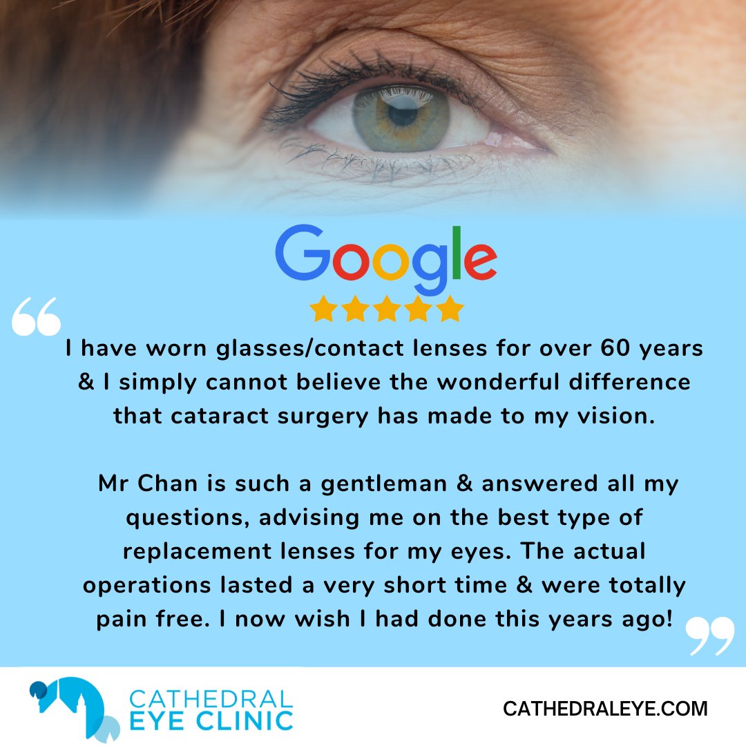 PATIENT TESTIMONIAL ⭐⭐⭐⭐⭐

Patricia came to Cathedral Eye Clinic for Cataract Treatment with Mr Chan and had a positive experience with us,

"If you are considering cataract surgery, I have no hesitation in recommending the Cathedral Eye Clinic."