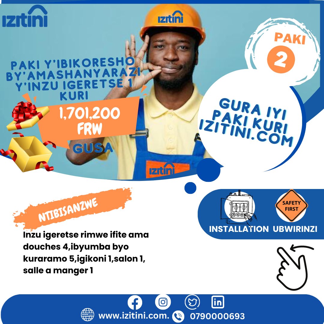 Izitini_com's tweet photo. 🚨BIRARENZE😃!
 Kuri G+1 House IPAKI 2.
Ubu ushobora gutumiza amapaki atandukanye y'ibikoresho by'amashanyarazi  by'inzu igeretse rimwe by'umwimerere🥇 ku giciro KIDASANZWE. Sura urubuga rwacu https://t.co/63rkI5npzT 
HAMAGARA 0790000693

#Rwot #electricity #Kigali #Construction https://t.co/q7pqJCqwOS