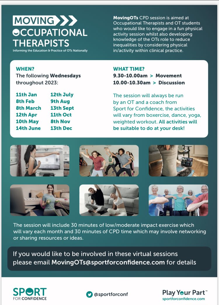 sportforconf's tweet image. Our next free @MovingOTs CPD session is next week!  Join our team on 10th May at 9:30am to learn more about considering the use of #physicalactivity within clinical practice 🤗

Reserve your free space here - tinyurl.com/ycku43kv

#OccupationalTherapy #OT @theRCOT