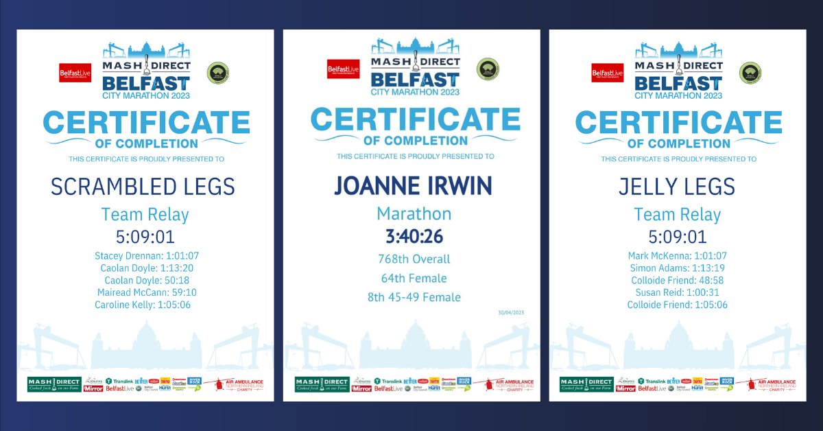 Colloide's tweet photo. On Sunday #TeamColloide took part in the Belfast City Marathon in aid of @AirAmbulanceNI. ๐
Congratulations to Joanne Irwin who completed the Marathon in 3:40:26. ๐ Our two relay teams and walkers also smashed through their routes. ๐โโ๏ธ
Just Giving Page: https://t.co/J8BYAfOuDV https://t.co/HOsmoRJ1RZ