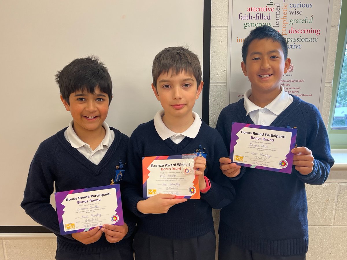 SJBWindsor's tweet photo. Congratulations to Raiyen, Harman & Rafe who all participated in the Primary Maths Challenge Bonus round following their outstanding result in November. A special mention to Rafe who won a bronze award!
@PMC_Maths #maths #mathskills #mathsisfun #SJBmaths https://t.co/SPkCGZ4pRS