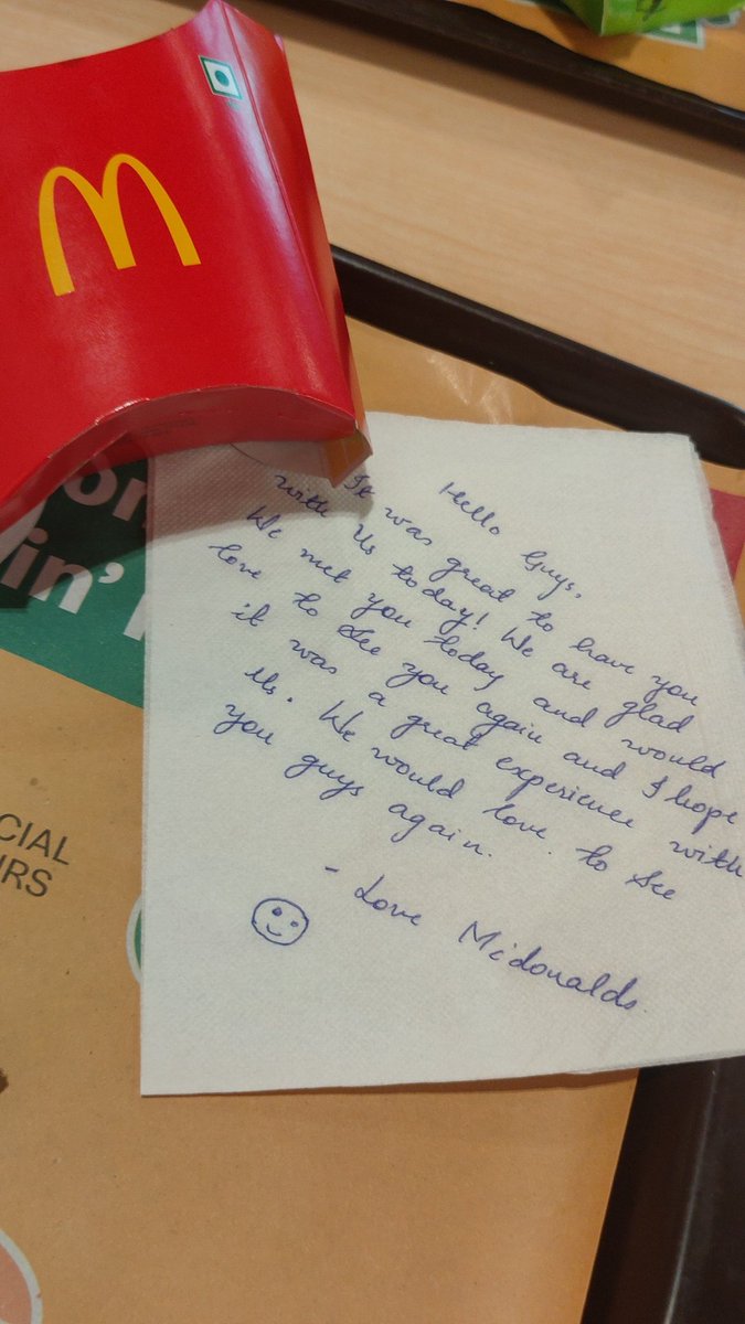 A very sweet message from <a href="/YashikaParekh/">Yashika Parekh</a> at <a href="/mcdonaldsindia/">McDonald's India</a> . Made our lunch a lunch of ❤️❤️❤️ love 😇#mcdonalds