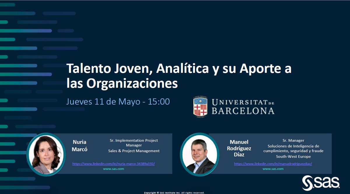📆 Si no lograste asistir a la #FiraEmpreses organizada por la <a href="/UniBarcelona/">Universitat de Barcelona</a>, aún estás a tiempo de unirte a la Casual Talk con Manuel Rodriguez &amp; Núria Marcó y conocer lo que el #talento  joven y la analítica avanzada aportan a las organizaciones @SAS_Academic #FiraEmpresesUB