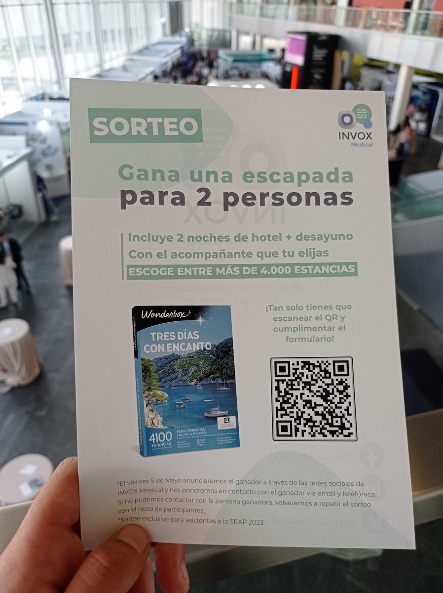 📢 Desde <a href="/invoxmedical/">Invox Medical</a> hemos organizado un sorteo de una escapada para dos personas para todos los asistentes de la <a href="/SEAP_IAP/">SEAP-IAP</a> #SEAP2023S 🔬

Si quiere participar, sólo tiene que clicar en el link y cumplimentar el formulario 👇

invoxmedical.com/formulario-par…