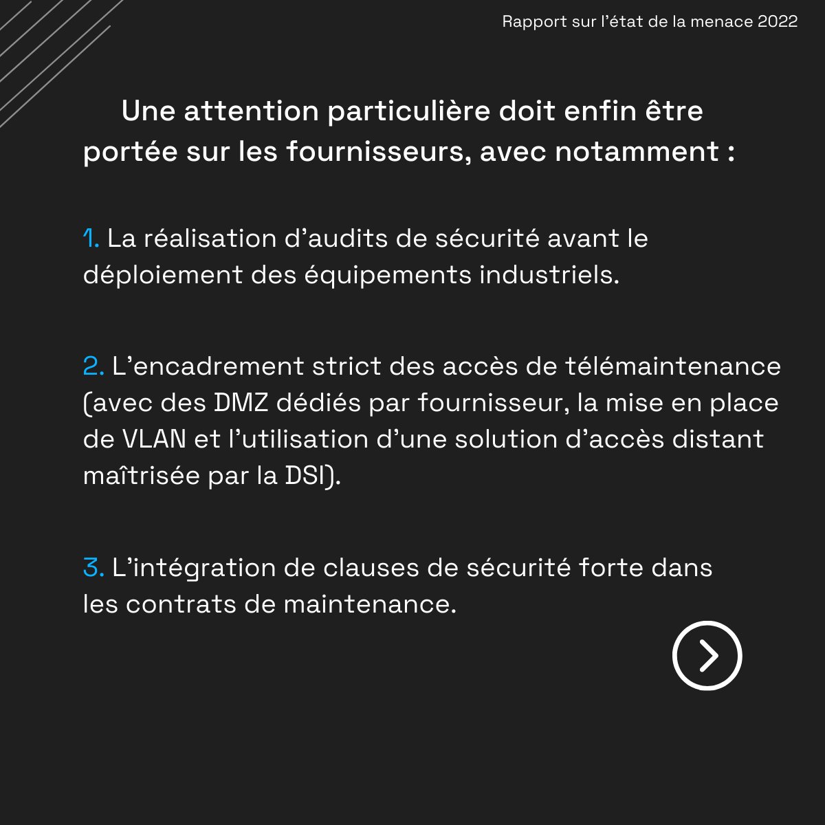 600. 

C’est le nombre de jours d’audits en environnement #industriel réalisés par nos équipes en 2022. Ci-dessous, 3 actions pour limiter le risque d’#intrusion sur les environnements industriels. 

Téléchargez le rapport complet sur la #menace  → bit.ly/41KFEhA 
#CERT