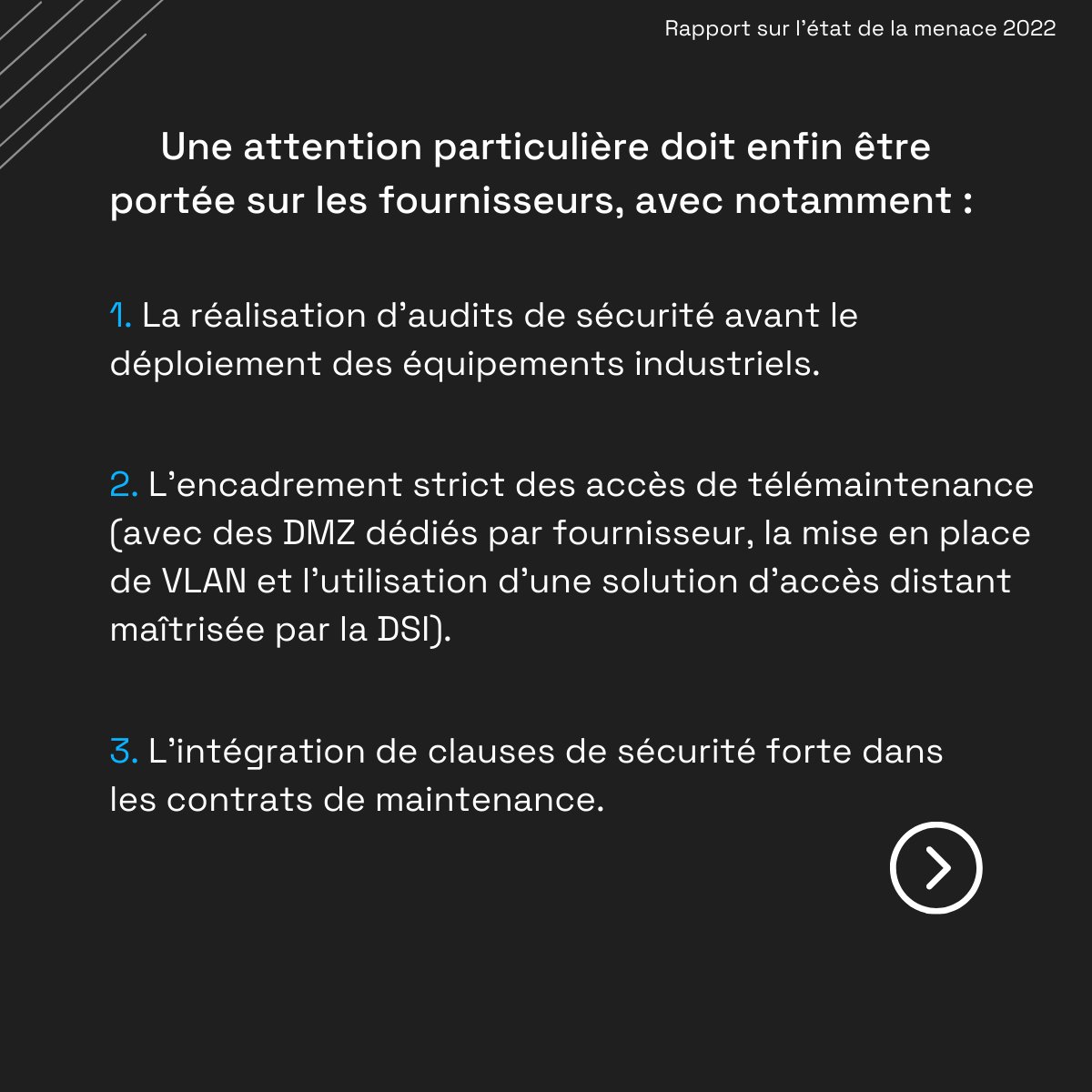 600. C’est le nombre de jours d’audits en environnement #industriel réalisés par nos équipes en 2022. Ci-dessous, 3 actions pour limiter le risque d’#intrusion sur les environnements industriels. Téléchargez le rapport complet sur la #menace → bit.ly/41KFEhA #CERT