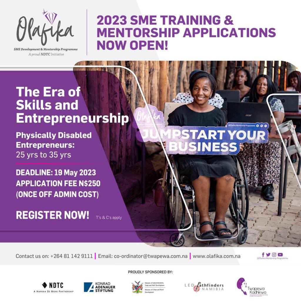 INVITING *PHYSICALLY DISABLED ENTREPRENEURS!* between the ages of 25 - 35. 
Olafika is an inclusive programme and have benefitiation at our CORE! 
Note, we have limited space  ##
Contact us on 0811429111
Email: Co-ordinator@twapewa.com.na
<a href="/NDTC_Namibia/">NDTC</a> <a href="/OlafikaMP/">Olafika SME Development & Mentorship Programme</a>