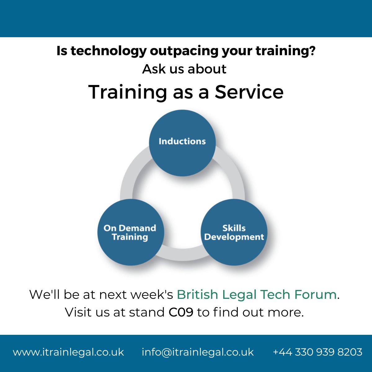 Is technology outpacing your training? Ask us about Training as a Service, our flexible, scalable solution that ensures your people receive the support they need. <a href="/iTrainLegal/">iTrain Legal</a> will be at this year’s #BLTF2023 so visit us at stand C09 to find out more.

#legaltech #legalittraining