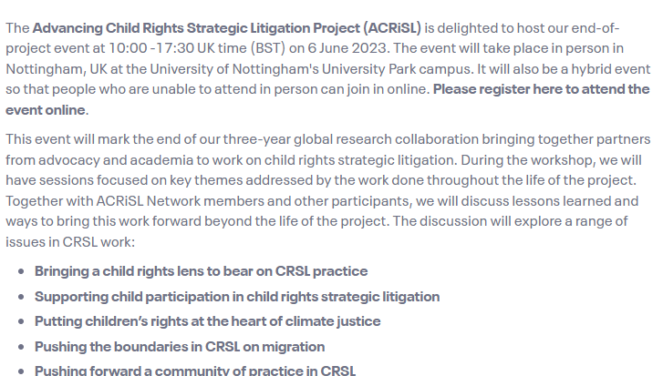 ACRiSL_Project's tweet photo. 1/ We are very excited to announce this event on Advancing Child Rights Strategic Litigation: Ways Forward (6 June, 10:00-18:00 BST).Participants will explore the work of @ACRiSL_Project &amp; - crucially - will strategise on how to push forward #childrights #strategiclitigation work https://t.co/SfdZlukw7c