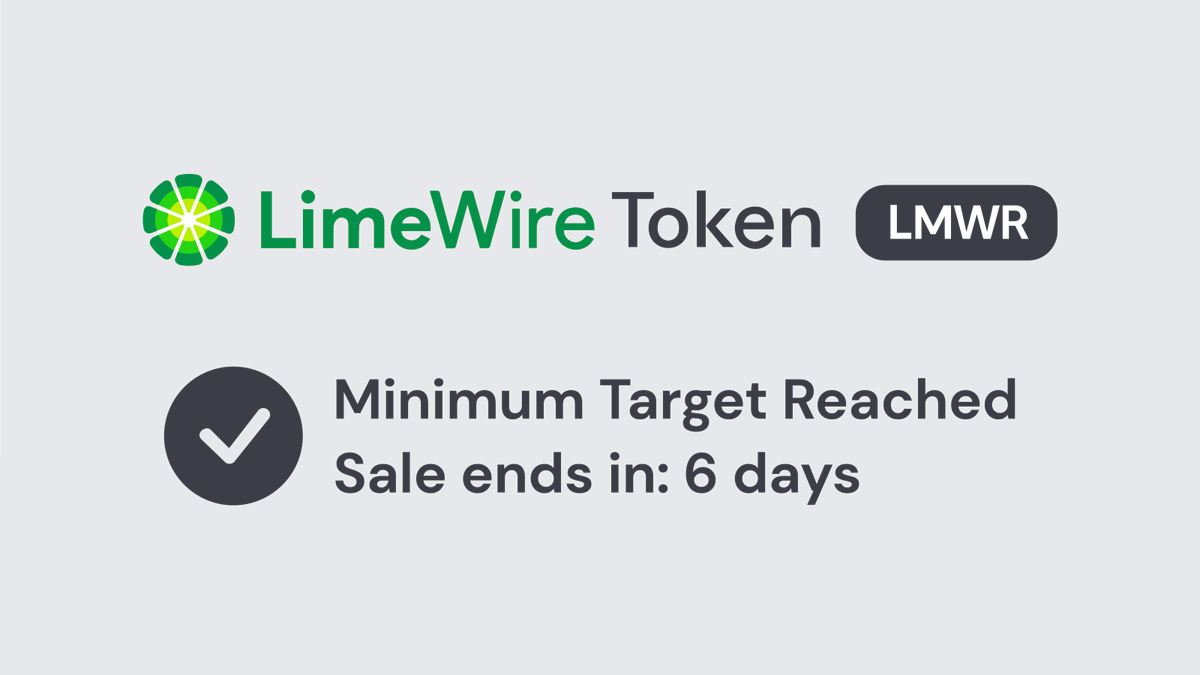 limewire's tweet photo. 🔥 LimeWire Token Sale - Minimum Target Reached

Excited to confirm that we have successfully reached our initial funding goal, and are now counting towards the maximum raise amount of $30M.

The sale will close on May 11th, 12PM UTC

Buy #LMWR here: https://t.co/Q5JjPgfMmn https://t.co/WLpIFDnjHd