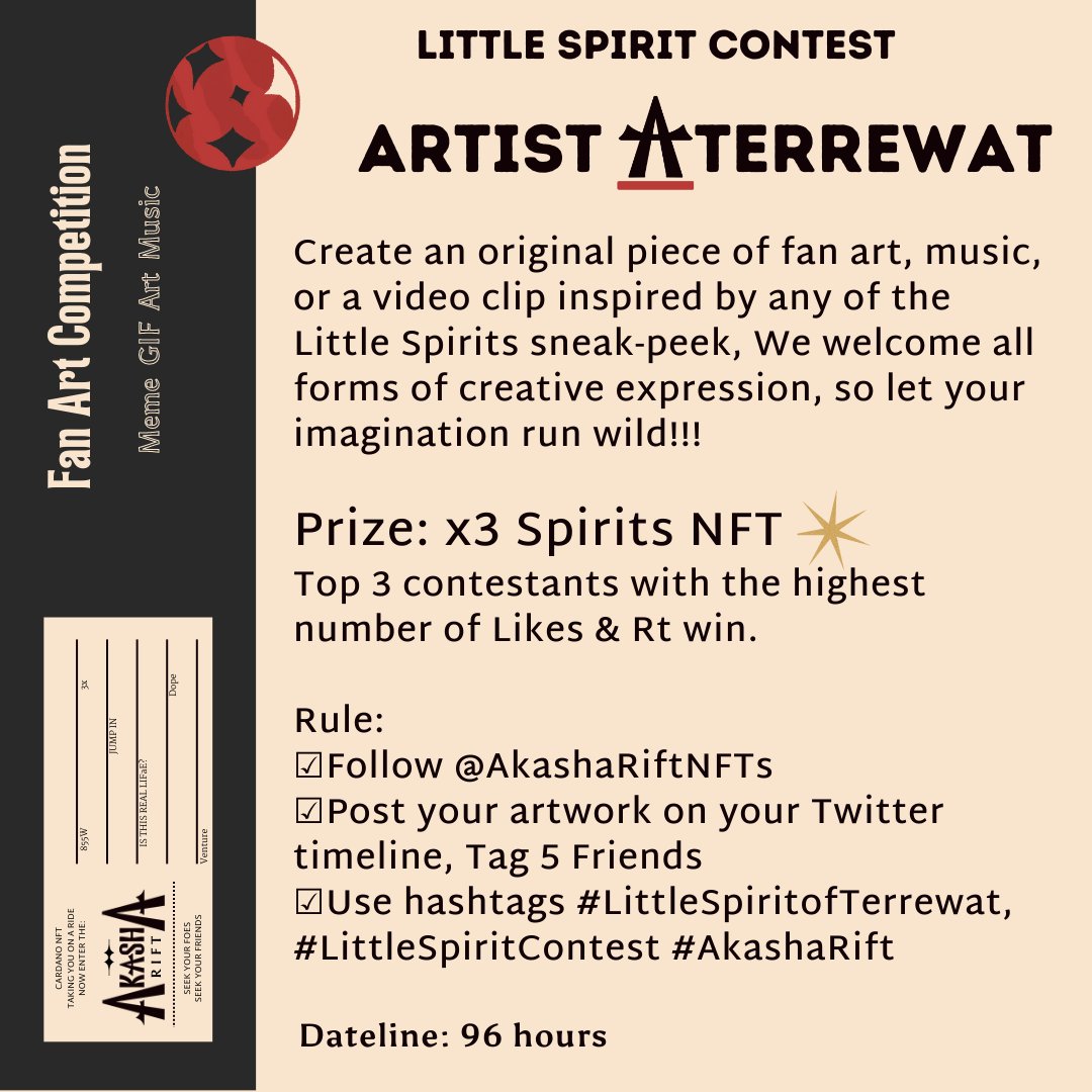 AkashaRiftNFTs's tweet photo. 🚨Attention Rifters ⚡️
We are thrilled to announce a Little Spirit Competition to reward 3 Spirit NFTs to our most creative Rifters ✨
𝟑 Spirit NFTs to be rewarded 🌟
📣More details could be found in our discord.
#LittleSpiritofTerrewat
#LittleSpiritContest
#AkashaRift https://t.co/QeY2Cq8AU5