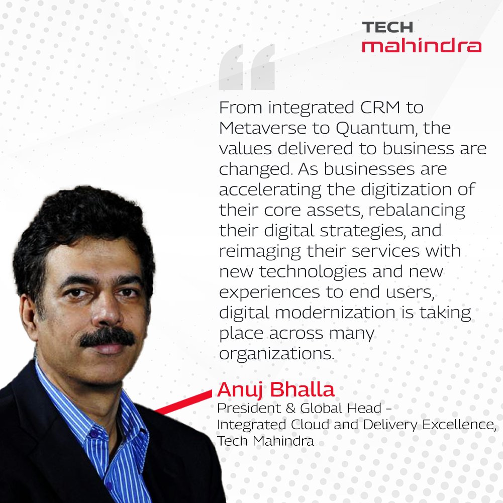 tech_mahindra's tweet photo. Anuj Bhalla, our President &amp; Global Head – Integrated Cloud and Delivery Excellence, shares his views on 'Embracing Digitalization of Delivery', in this @ET_CIO article.

Read here: https://t.co/roSTO3rORQ

#NxtNow #Leadership #Digitalization https://t.co/YUuf6qCoG4